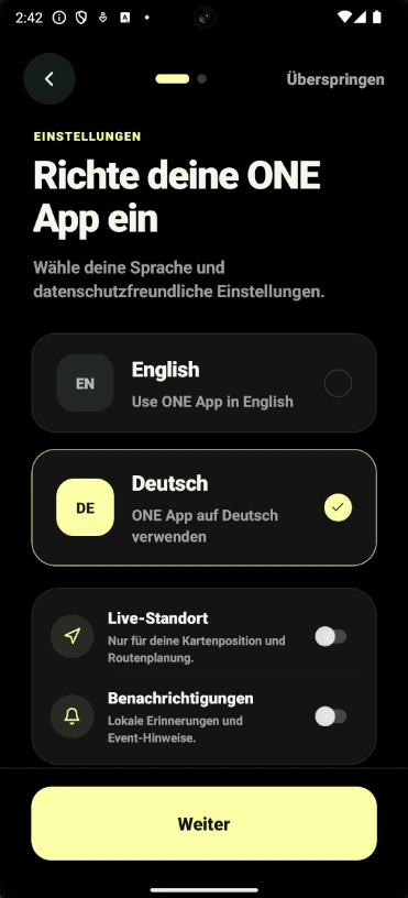 ONE_APP language and privacy settings screen