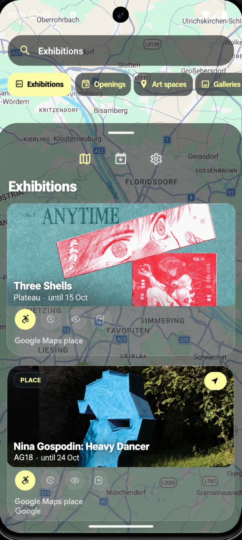 ONE_APP exhibition cards on the Vienna map